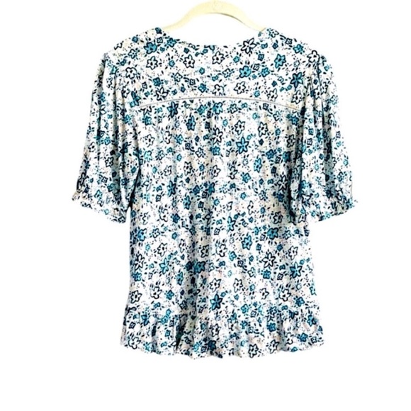 Lucky Brand Ruffle Hem Blouse Puff Sleeve V-neck Floral Teal Blue Green Size S - Picture 3 of 12